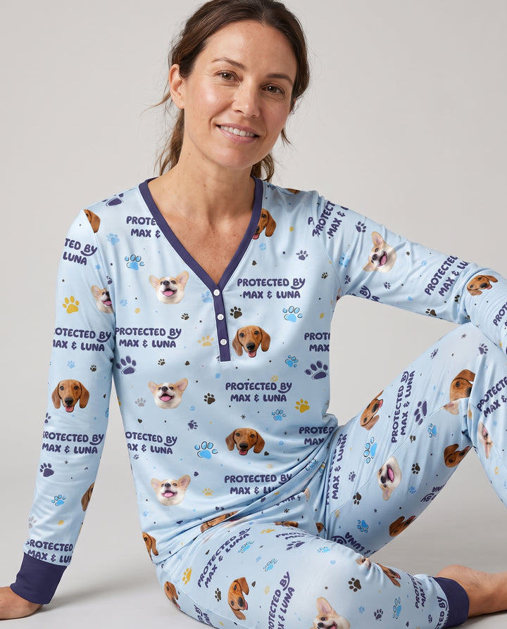 Custom Dog Photos "Protected By" Pawfect Blue Bamboo Women Pajama Set
