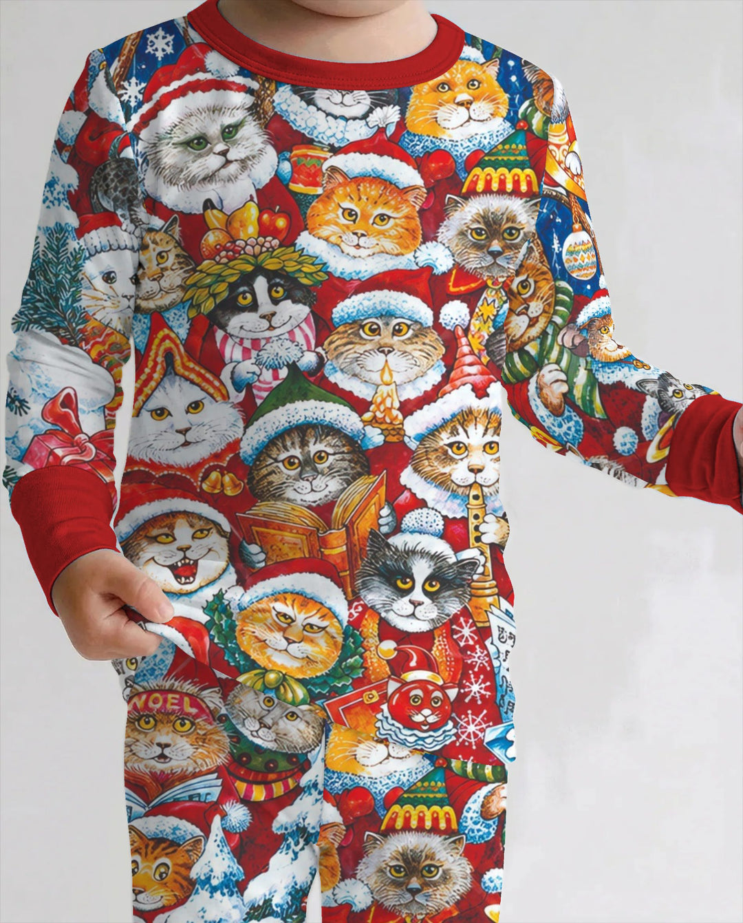 Cat Wears Noel Hat Bamboo Two Piece Long Sleeve Pajama Set