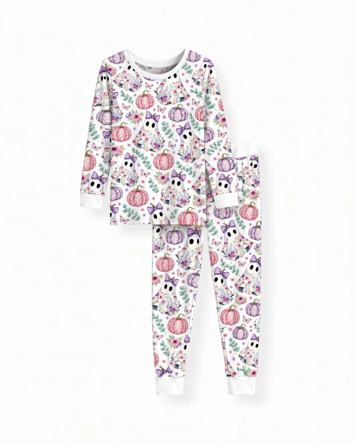 Floral Ghost & Pumpkin Garden Bamboo Two Piece Long Sleeve Pajama Set