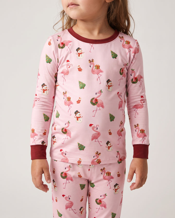 Candy Floss Flamingo Christmas Cheer Bamboo Two Piece Long Sleeve Pajama Set