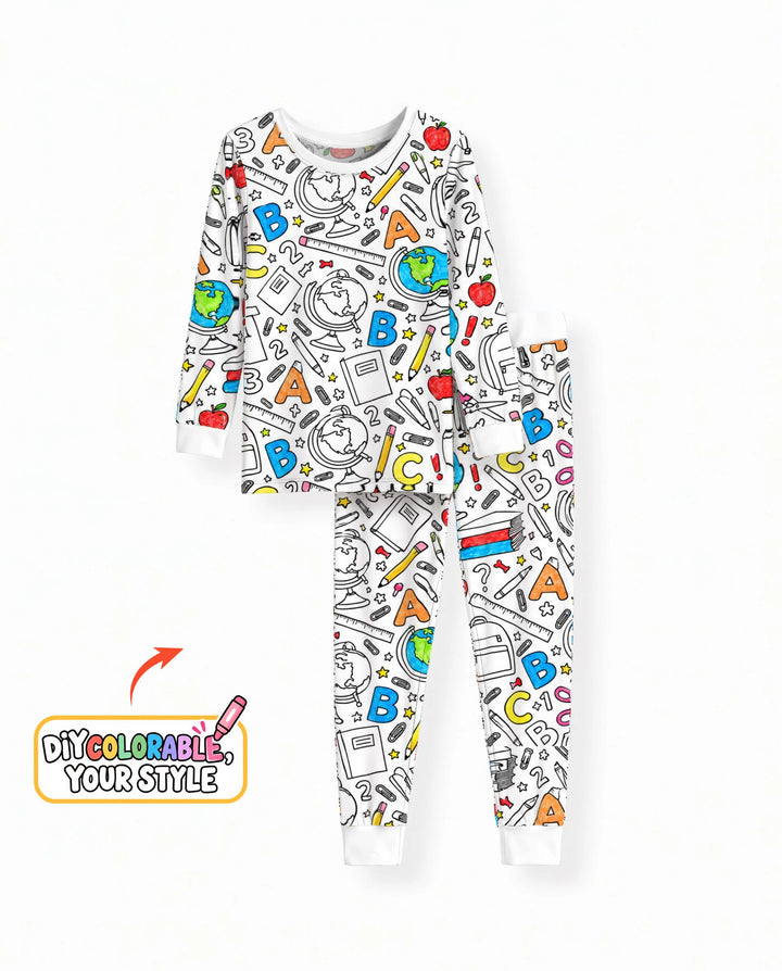 Back to School Doodle Supplies Colorable Bamboo Two Piece Long Sleeve Pajama Set