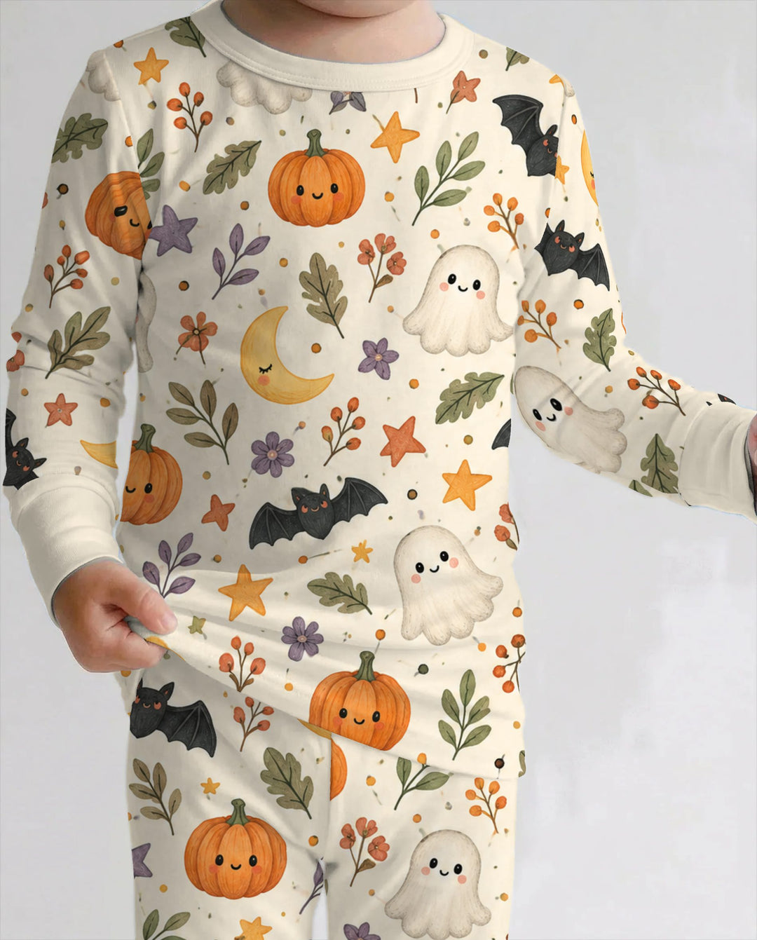 Cute Ghost Pumpkin Moon Garden Bamboo Two Piece Long Sleeve Pajama Set