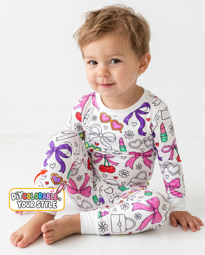 Girly Bows & Cherries Doodles Colorable Bamboo Two Piece Long Sleeve Pajama Set