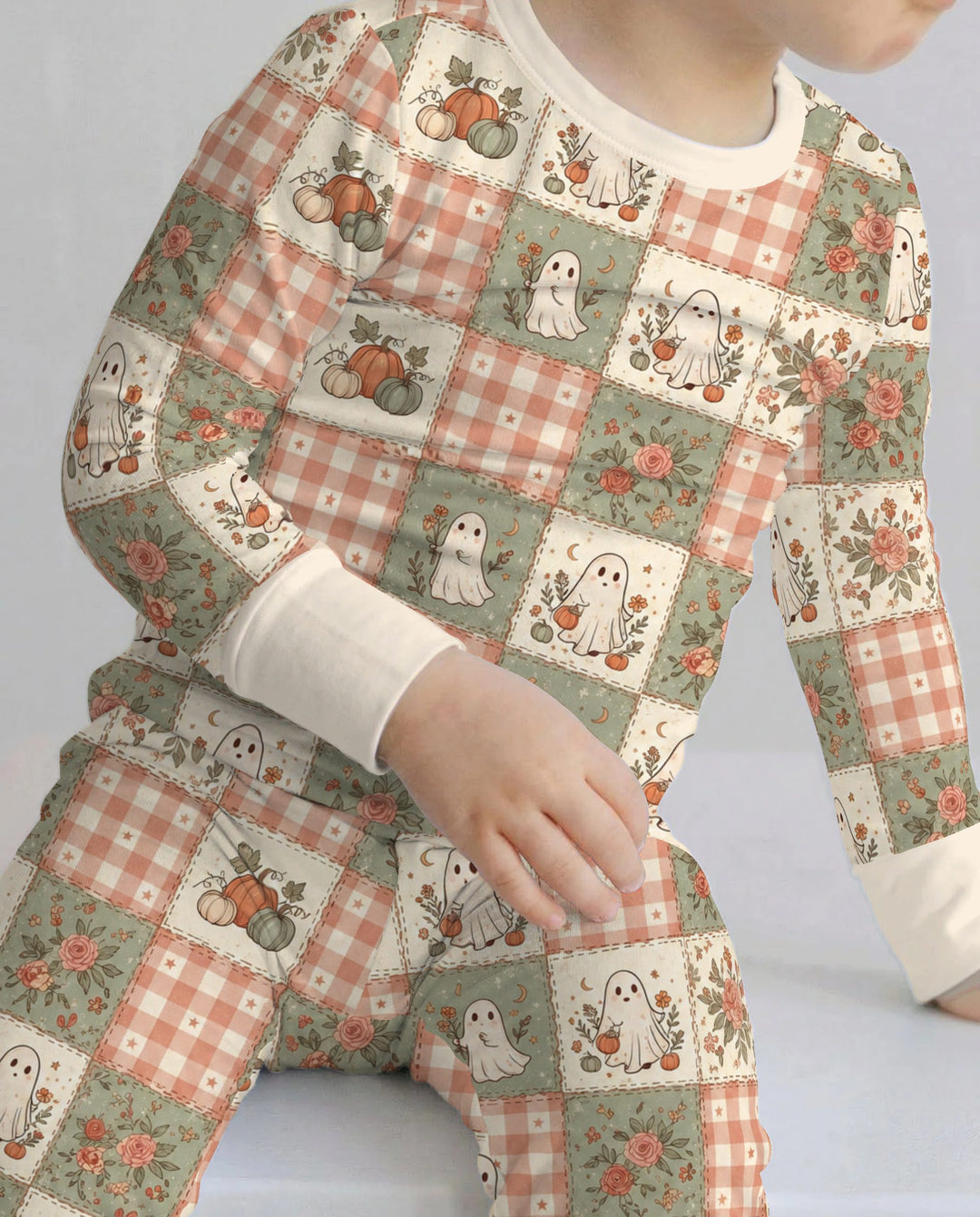 Vintage Ghost Pumpkin Patchwork Bamboo Two Piece Long Sleeve Pajama Set