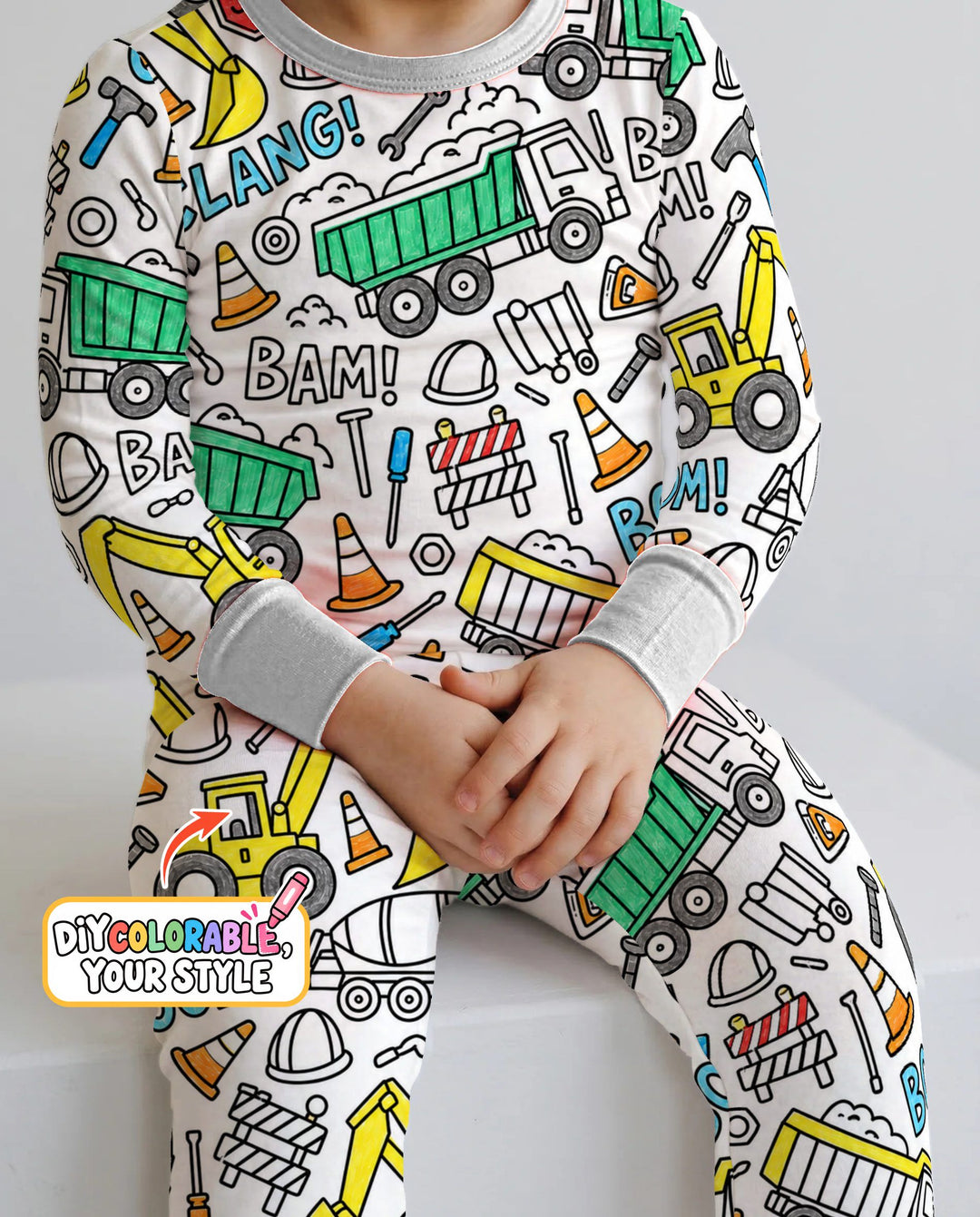 Construction Trucks Doodle Crew Colorable Bamboo Two Piece Long Sleeve Pajama Set