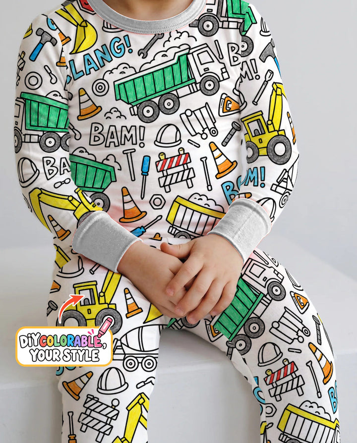 Construction Trucks Doodle Crew Colorable Bamboo Two Piece Long Sleeve Pajama Set