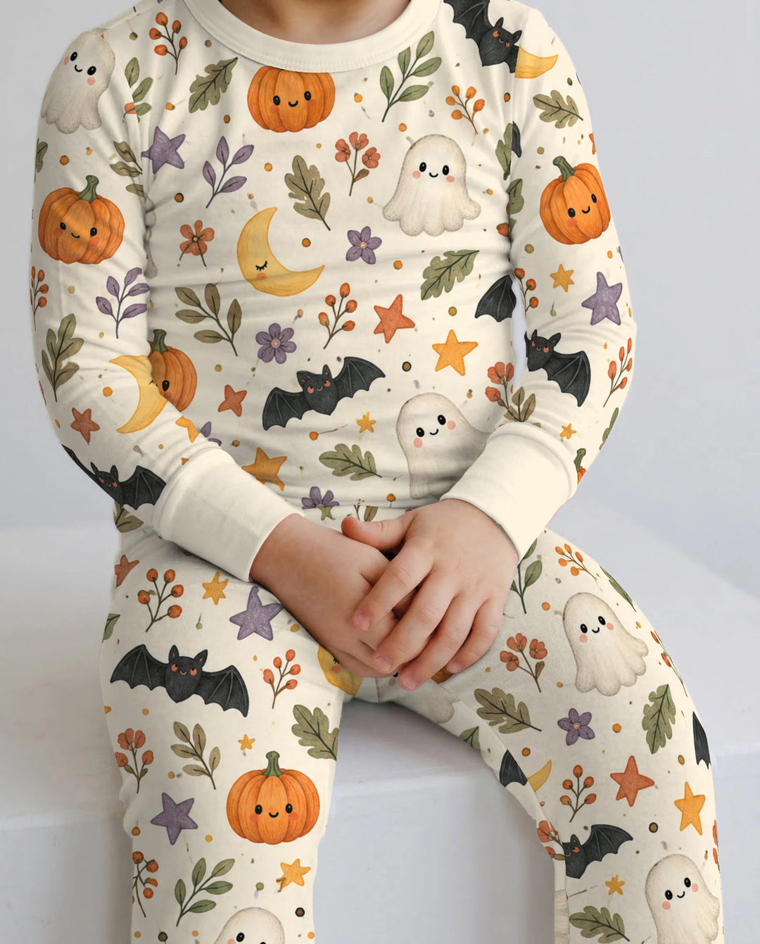 Cute Ghost Pumpkin Moon Garden Bamboo Two Piece Long Sleeve Pajama Set