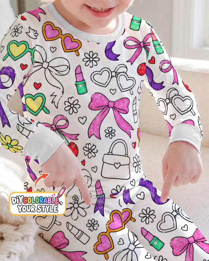 Girly Bows & Cherries Doodles Colorable Bamboo Two Piece Long Sleeve Pajama Set