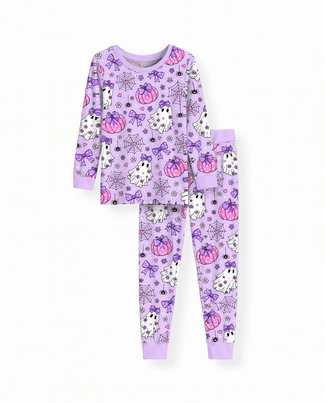 Purple Bow Ghost Halloween Bamboo Two Piece Long Sleeve Pajama Set