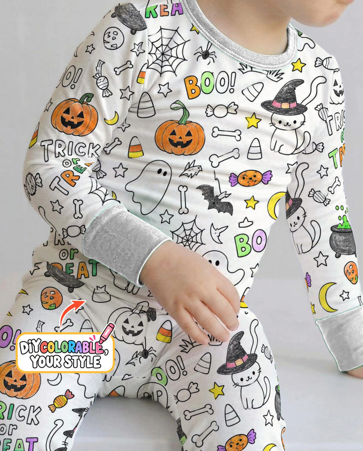 Trick or Treat Halloween Doodles Colorable Bamboo Two Piece Long Sleeve Pajama Set