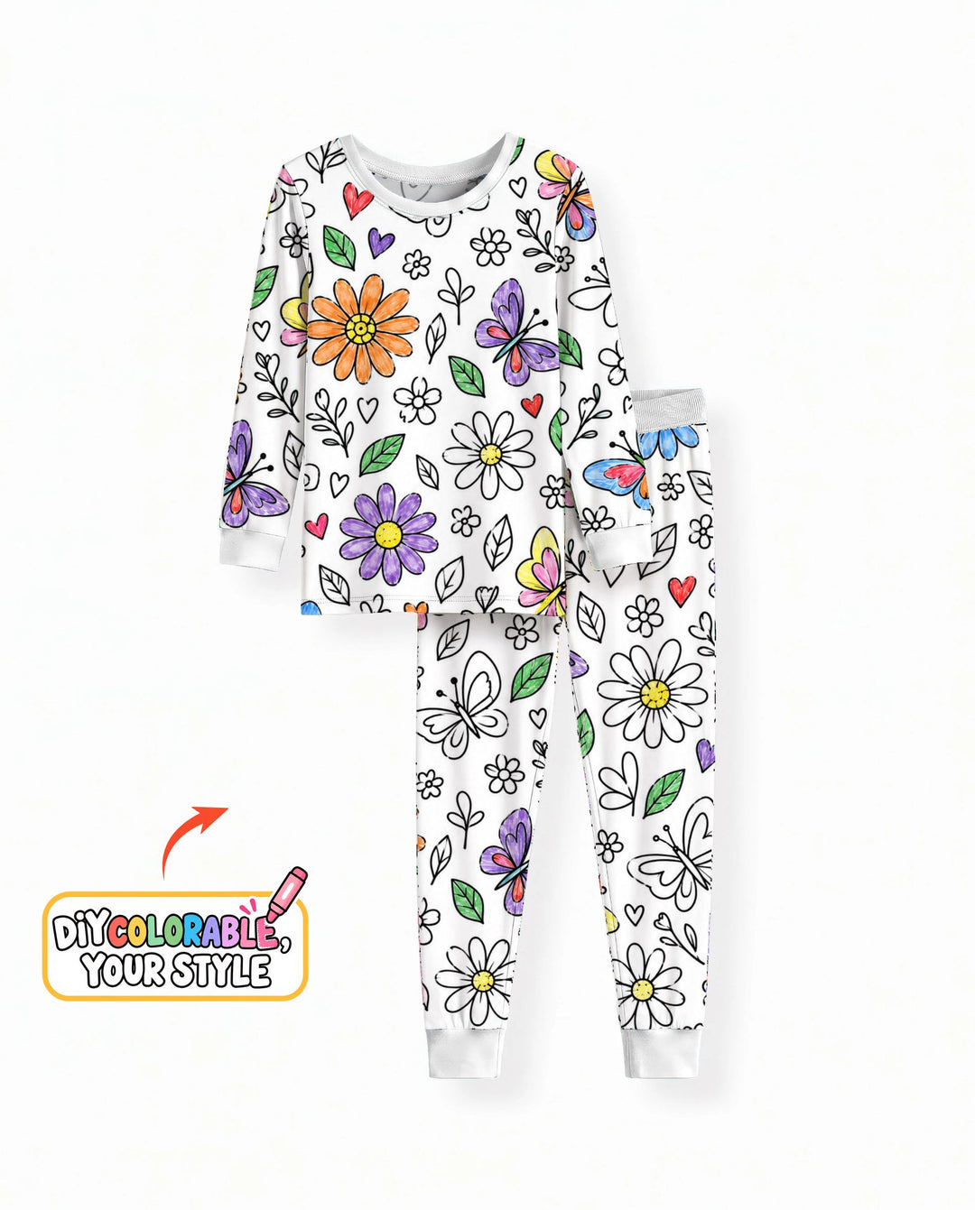 Butterfly Daisy Garden Doodles Colorable Bamboo Two Piece Long Sleeve Pajama Set