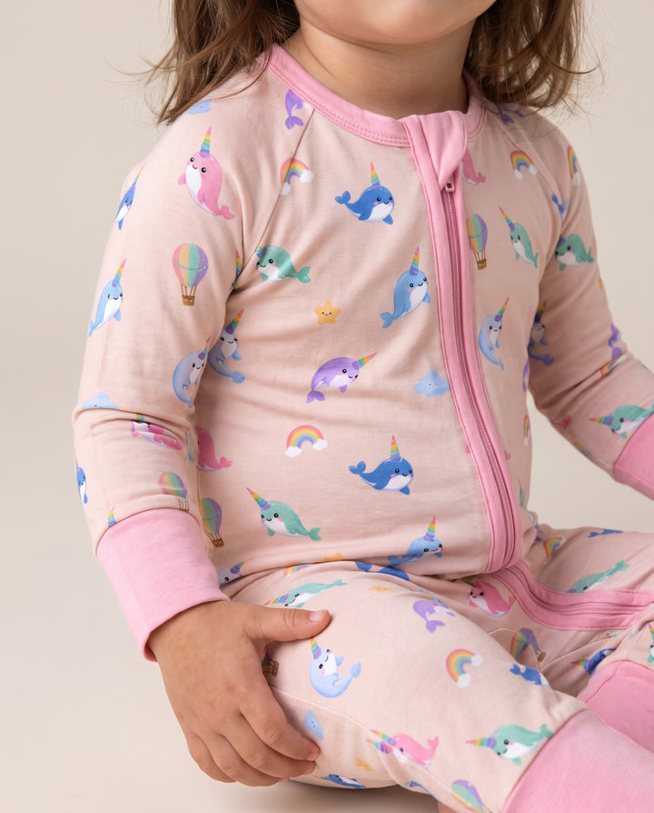 Blush Petal Narwhal Dreams Bamboo Convertible Zipper Romper