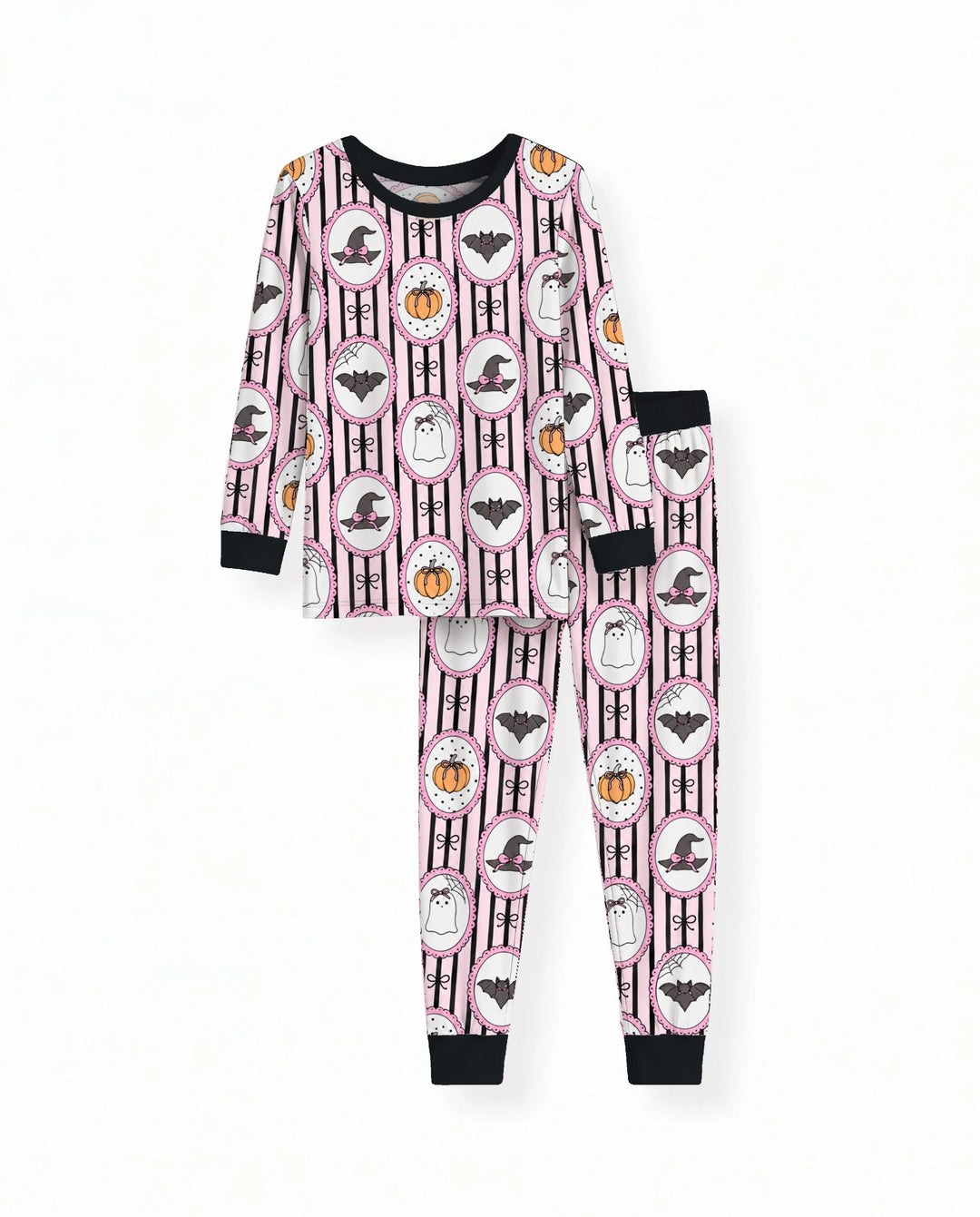 Glow In The Dark Pink Spooky Cameo Stripe Bamboo Two Piece Long Sleeve Pajama Set