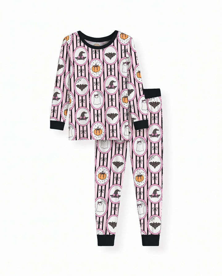 Glow In The Dark Pink Spooky Cameo Stripe Bamboo Two Piece Long Sleeve Pajama Set