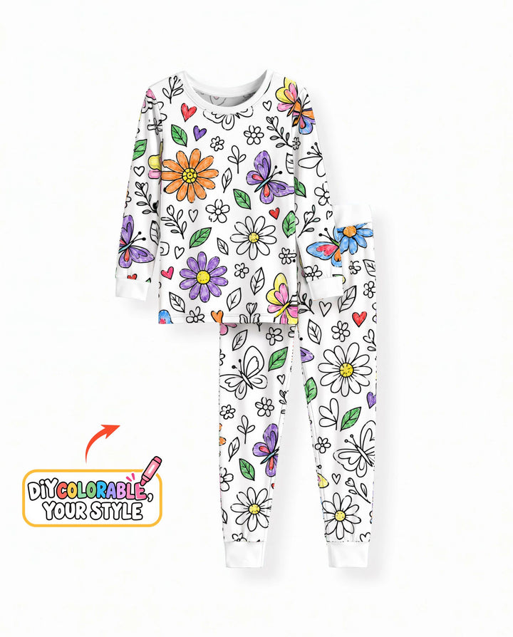 Butterfly Daisy Garden Doodles Colorable Bamboo Two Piece Long Sleeve Pajama Set