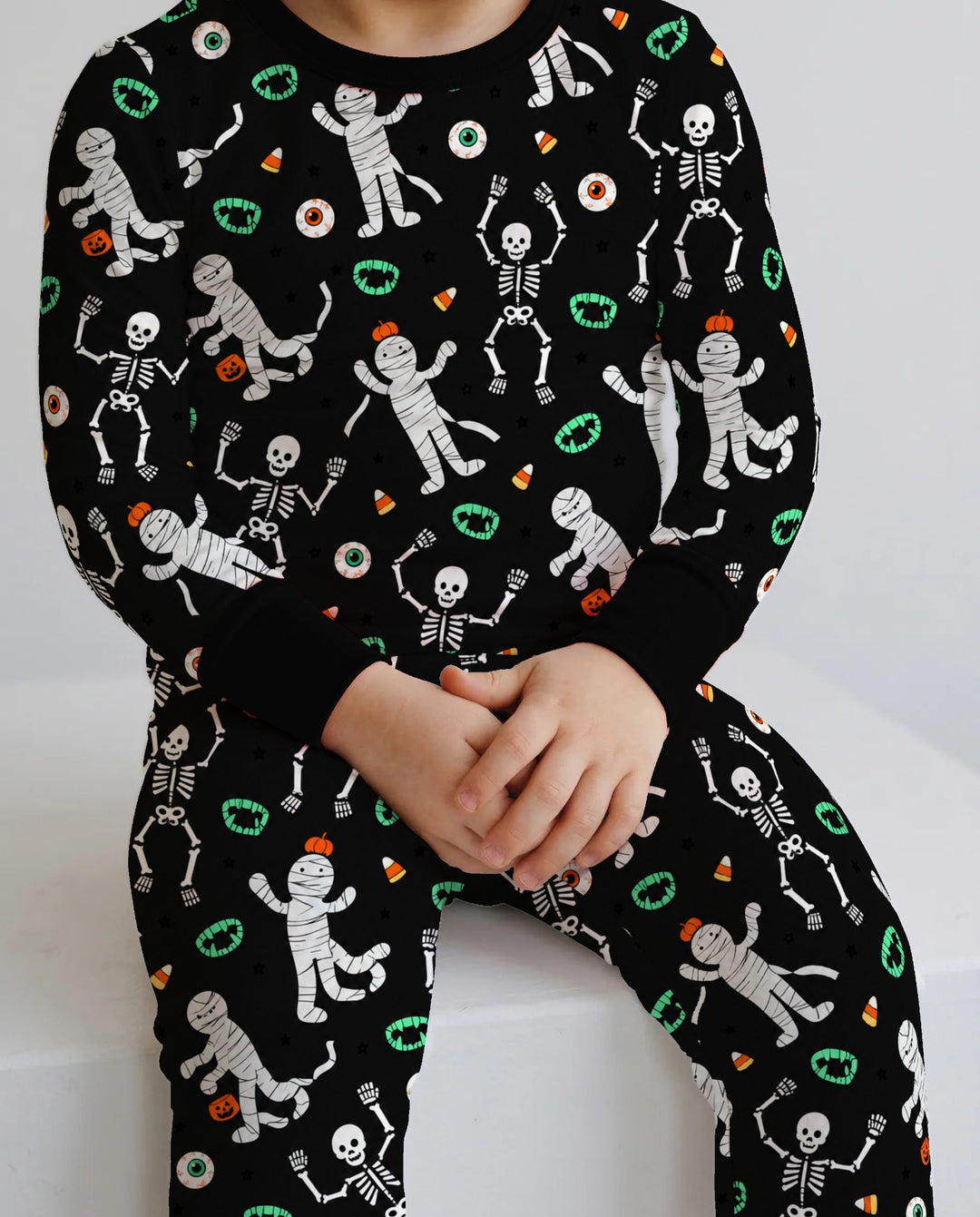 Glow In The Dark Spooky Mummy Skeleton Mix Bamboo Two Piece Long Sleeve Pajama Set