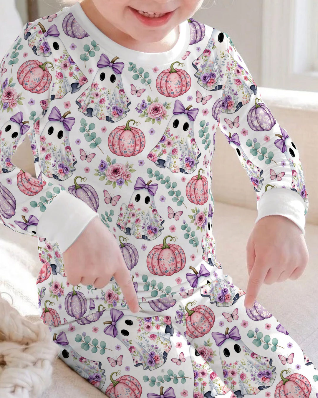 Floral Ghost & Pumpkin Garden Bamboo Two Piece Long Sleeve Pajama Set
