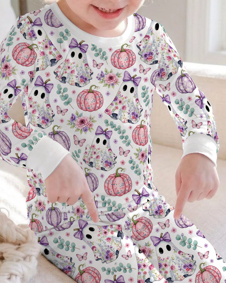 Floral Ghost & Pumpkin Garden Bamboo Two Piece Long Sleeve Pajama Set
