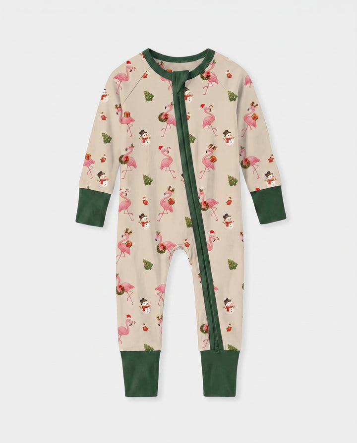 Gingerbread Cozy Flamingo Christmas Cheer Bamboo Convertible Zipper Romper
