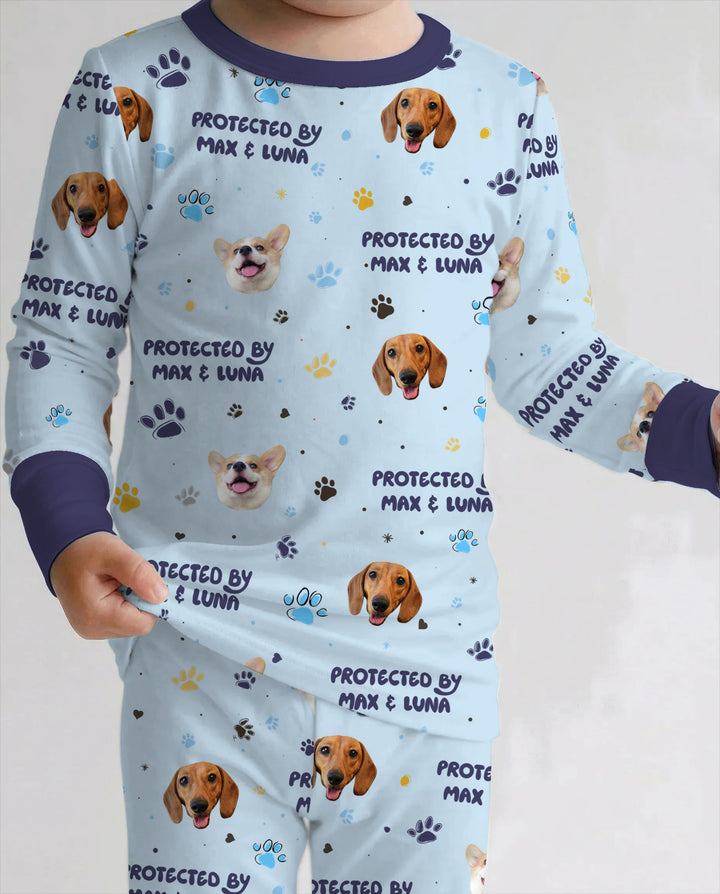 Custom Dog Photos "Protected By" Pawfect Blue Bamboo Two Piece Long Sleeve Pajama Set