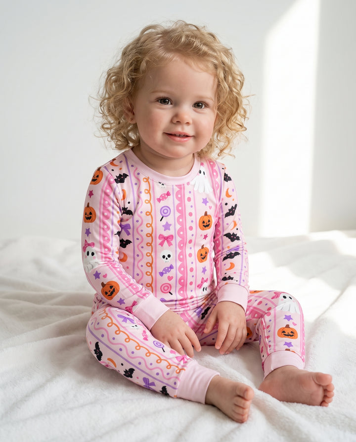 Coquette Ghost Halloween Stripes Bamboo Two Piece Long Sleeve Pajama Set