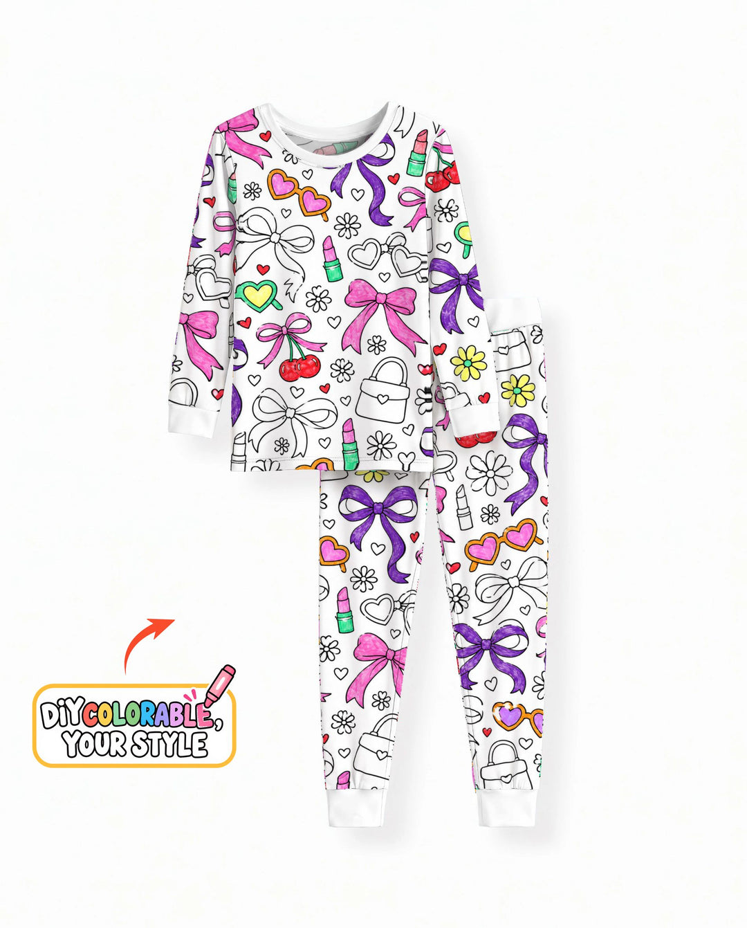 Girly Bows & Cherries Doodles Colorable Bamboo Two Piece Long Sleeve Pajama Set