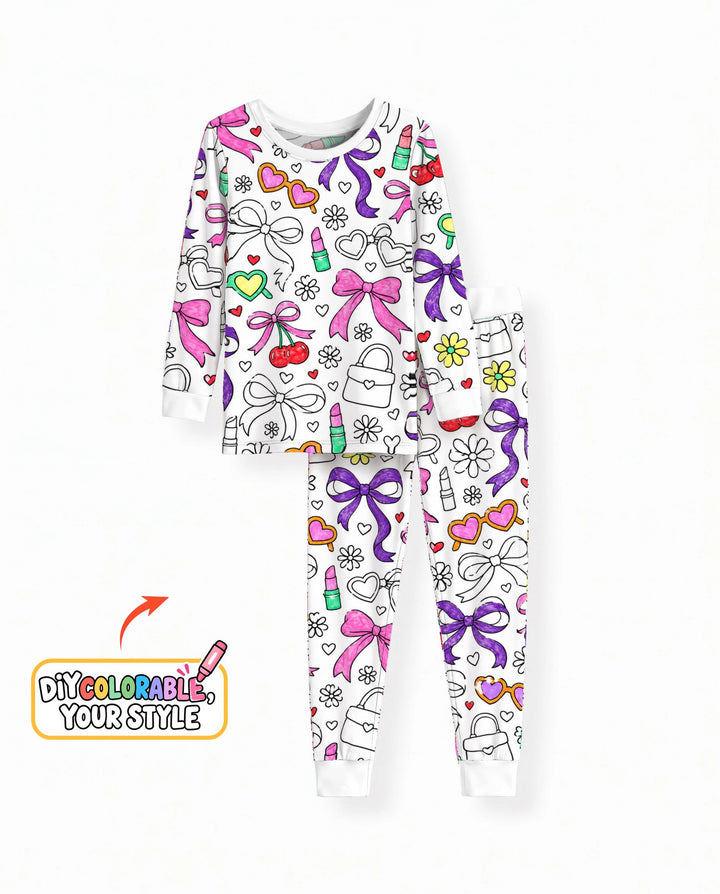 Girly Bows & Cherries Doodles Colorable Bamboo Two Piece Long Sleeve Pajama Set
