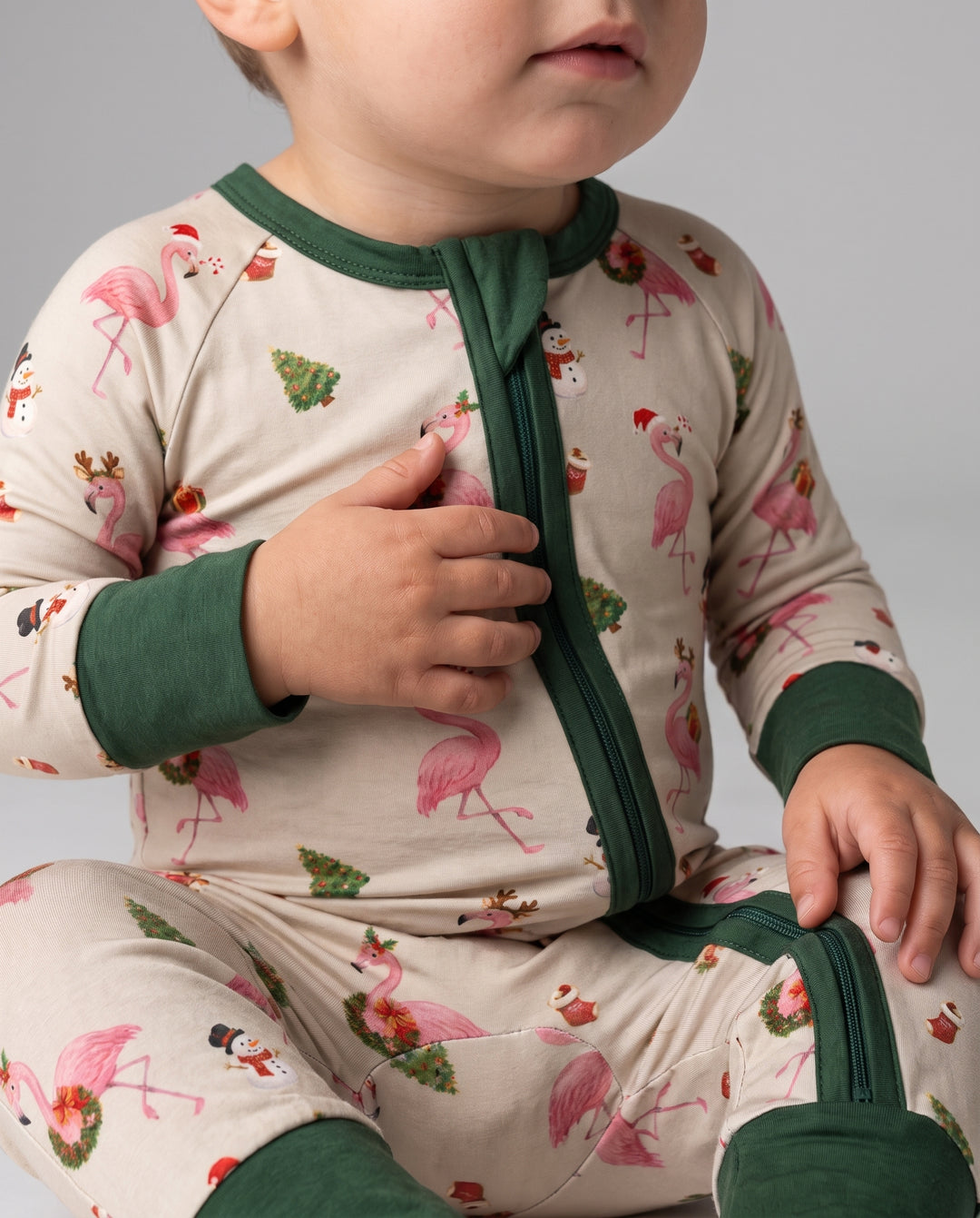 Gingerbread Cozy Flamingo Christmas Cheer Bamboo Convertible Zipper Romper
