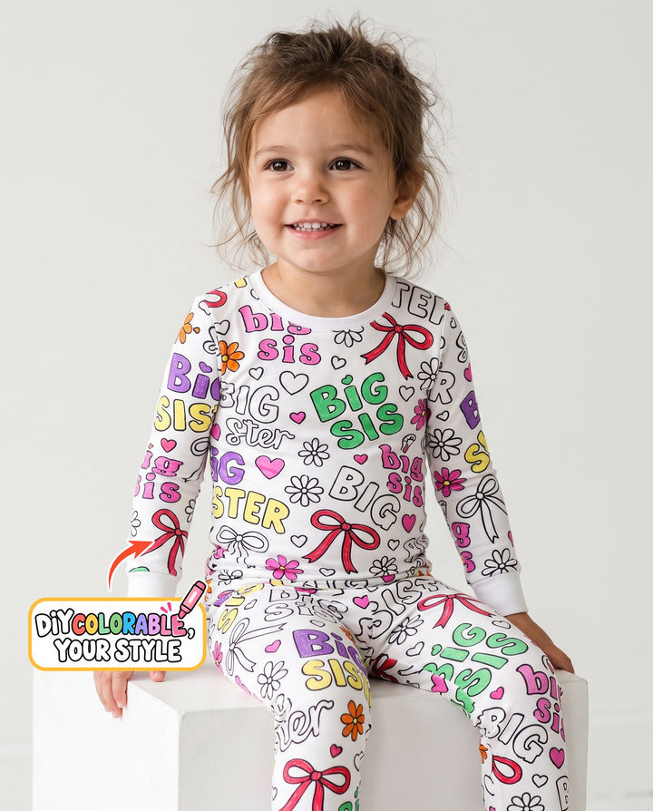 Big Sister Bows & Flowers Colorable Bamboo Two Piece Long Sleeve Pajama Set