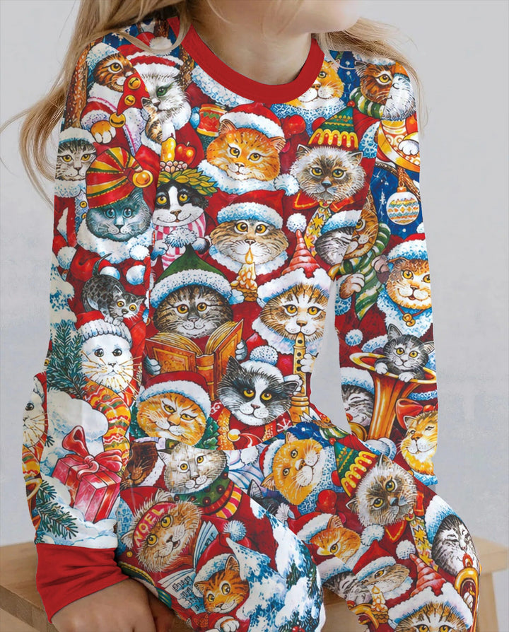 Cat Wears Noel Hat Bamboo Two Piece Long Sleeve Pajama Set