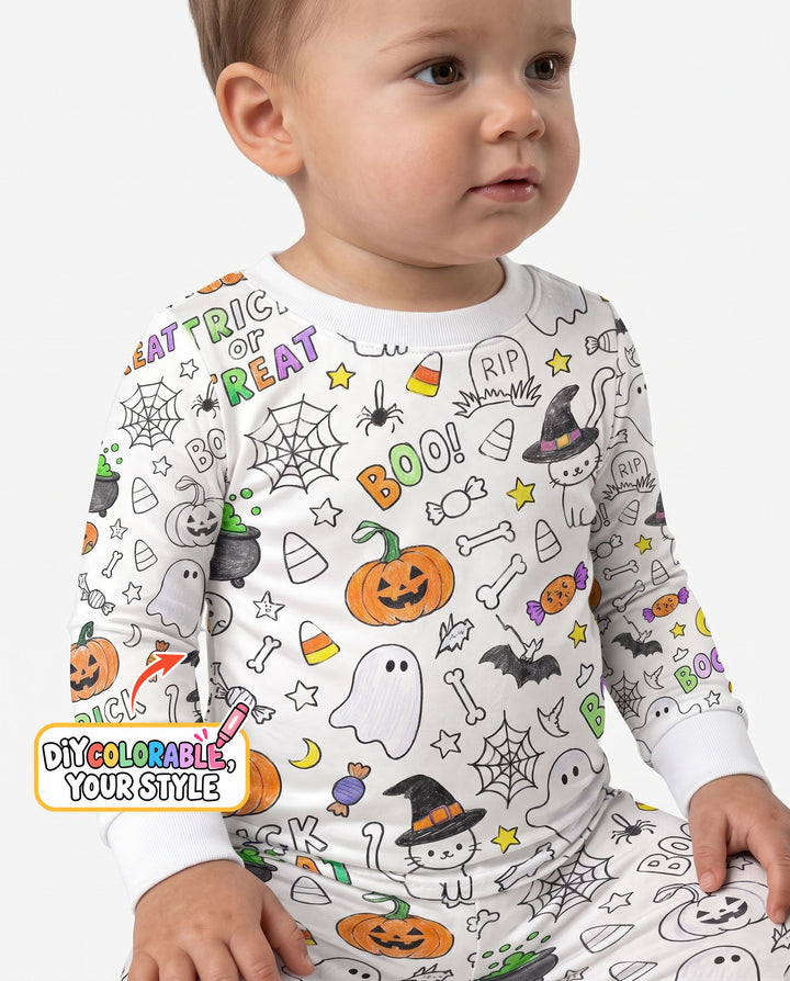 Trick or Treat Halloween Doodles Colorable Bamboo Two Piece Long Sleeve Pajama Set
