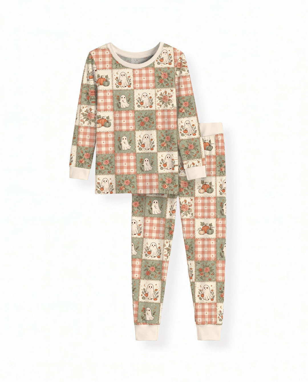 Vintage Ghost Pumpkin Patchwork Bamboo Two Piece Long Sleeve Pajama Set