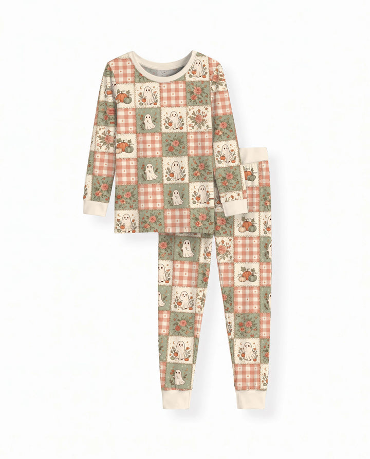Vintage Ghost Pumpkin Patchwork Bamboo Two Piece Long Sleeve Pajama Set