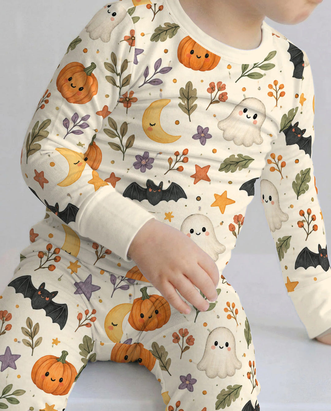 Cute Ghost Pumpkin Moon Garden Bamboo Two Piece Long Sleeve Pajama Set