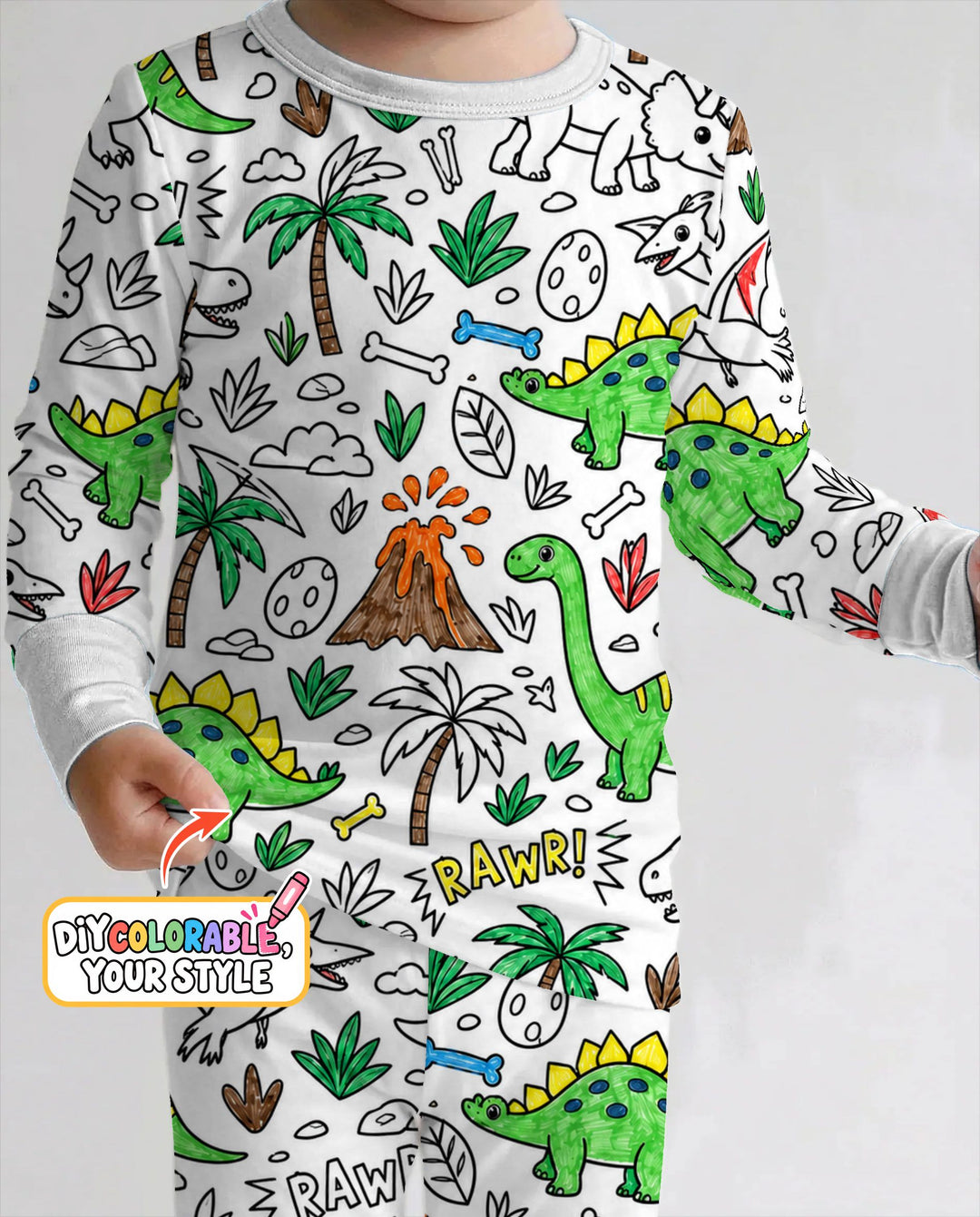 Dinosaur Prehistoric Adventure Colorable Bamboo Two Piece Long Sleeve Pajama Set