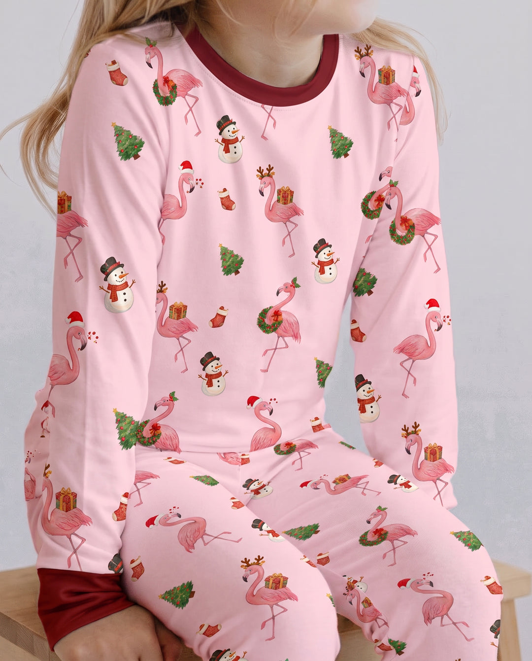 Candy Floss Flamingo Christmas Cheer Bamboo Two Piece Long Sleeve Pajama Set