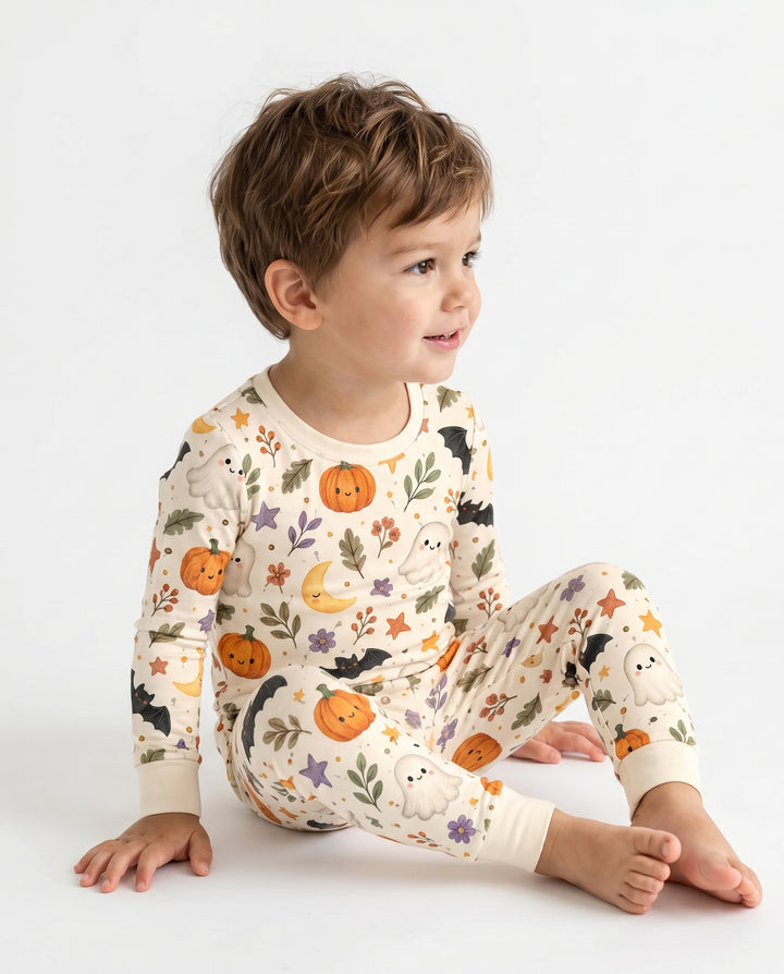 Cute Ghost Pumpkin Moon Garden Bamboo Two Piece Long Sleeve Pajama Set