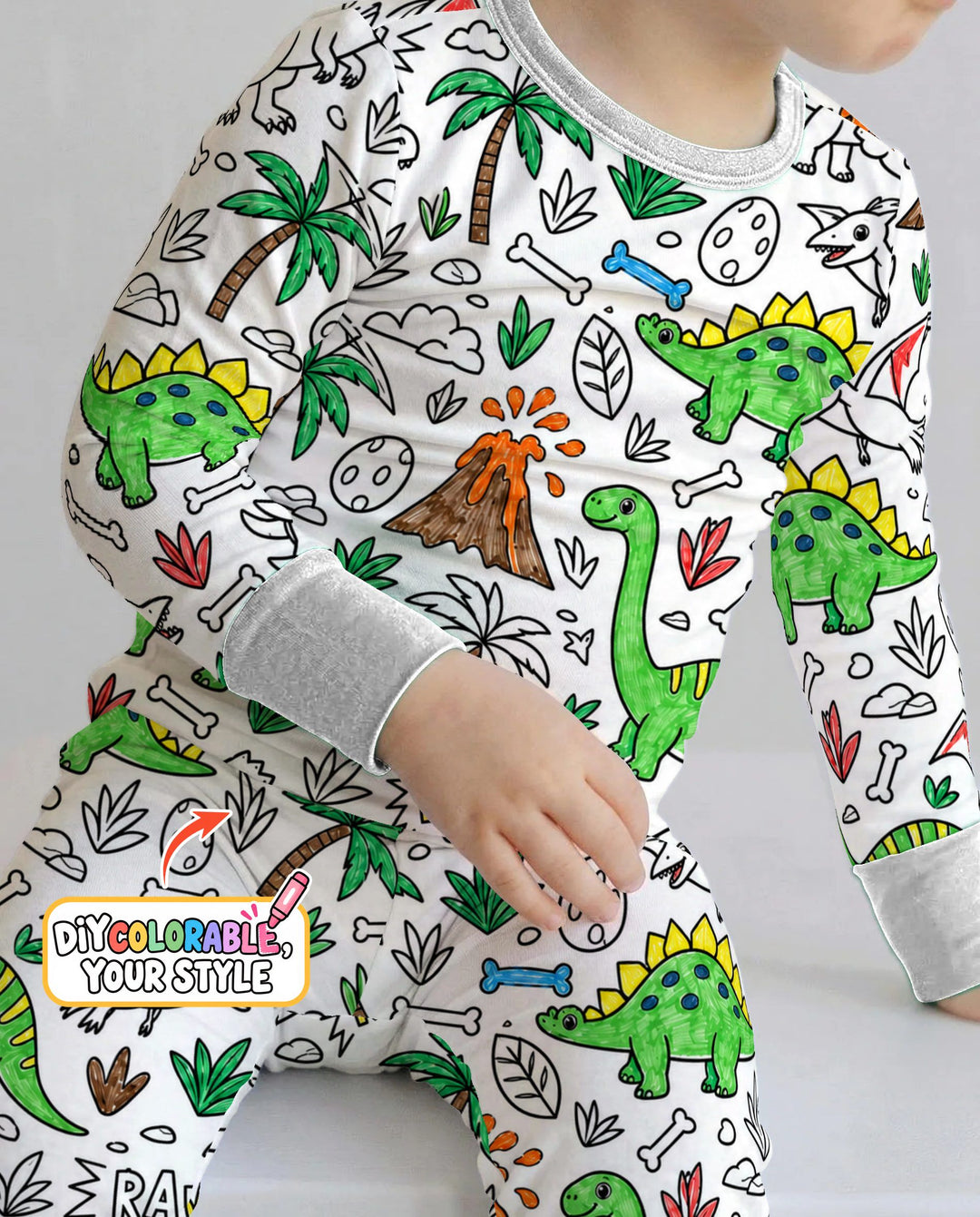 Dinosaur Prehistoric Adventure Colorable Bamboo Two Piece Long Sleeve Pajama Set