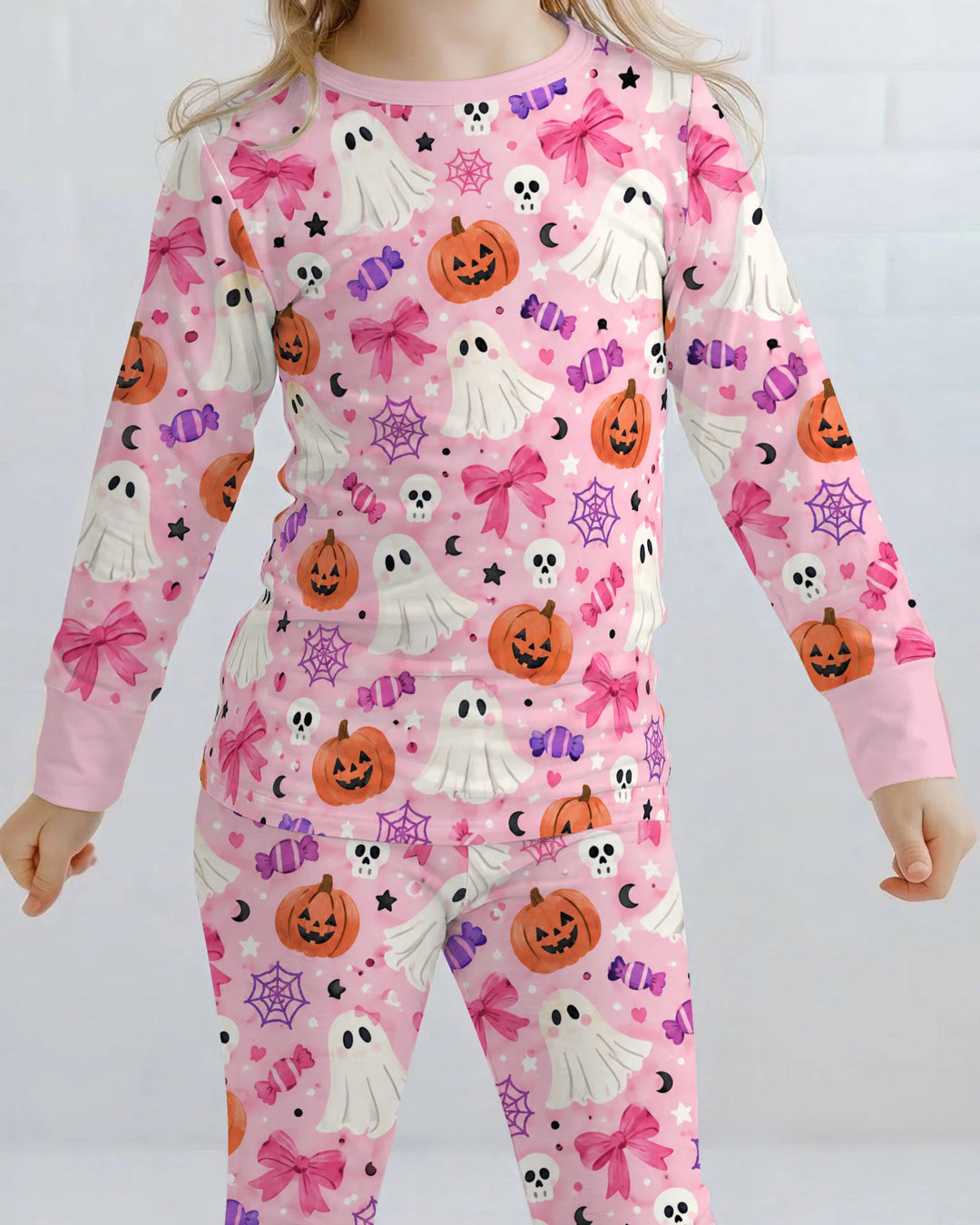 Pink Ghost Candy Halloween Bamboo Two Piece Long Sleeve Pajama Set