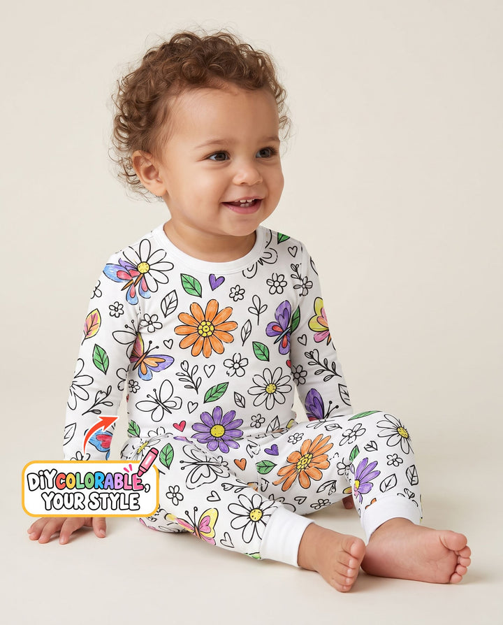 Butterfly Daisy Garden Doodles Colorable Bamboo Two Piece Long Sleeve Pajama Set
