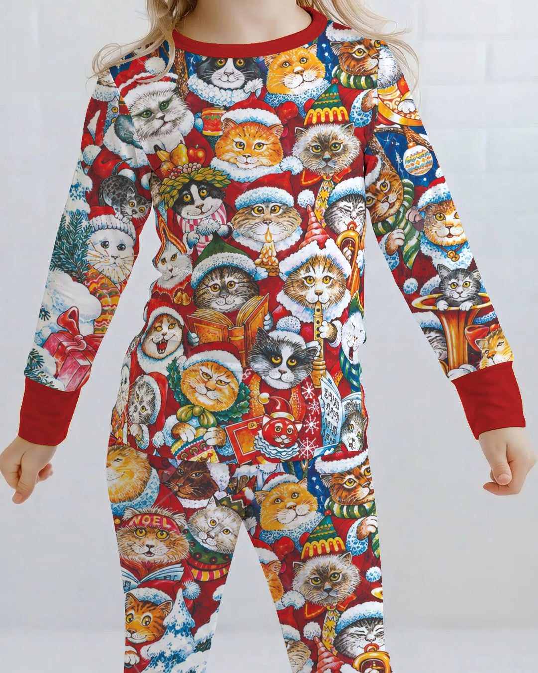 Cat Wears Noel Hat Bamboo Two Piece Long Sleeve Pajama Set