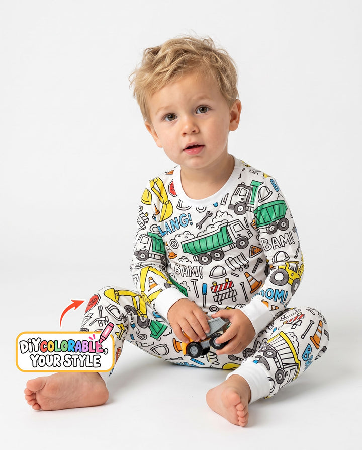Construction Trucks Doodle Crew Colorable Bamboo Two Piece Long Sleeve Pajama Set