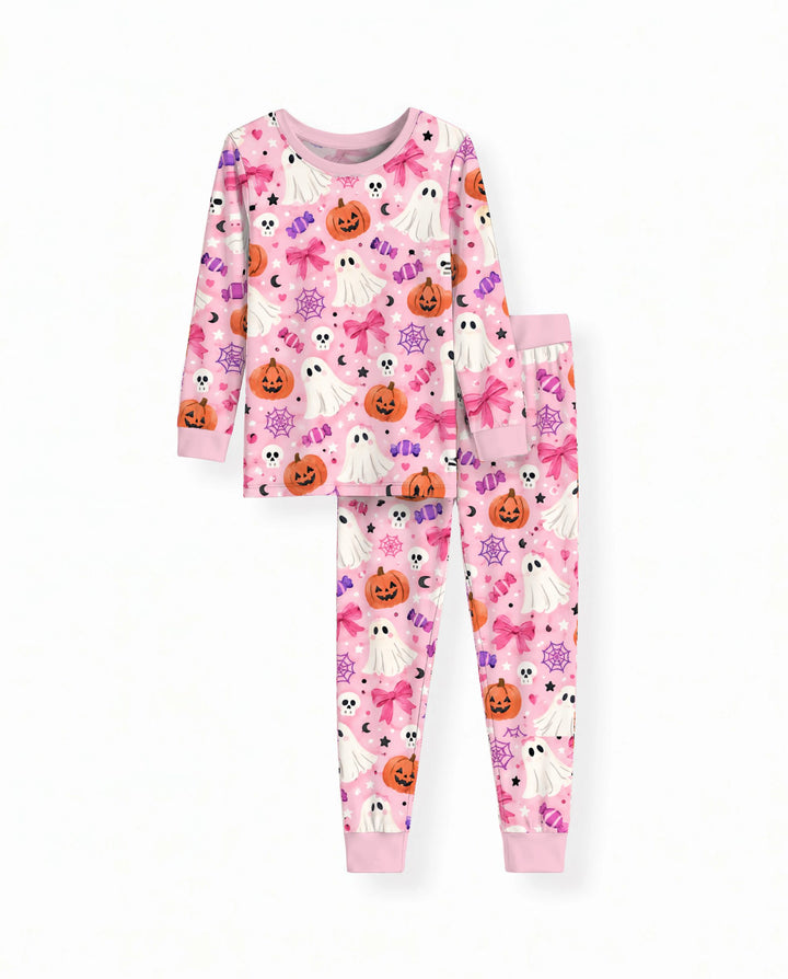Pink Ghost Candy Halloween Bamboo Two Piece Long Sleeve Pajama Set