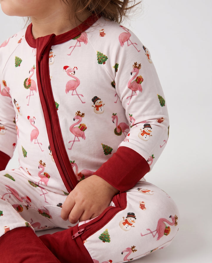 Whimsical Twilight Flamingo Christmas Cheer Bamboo Convertible Zipper Romper