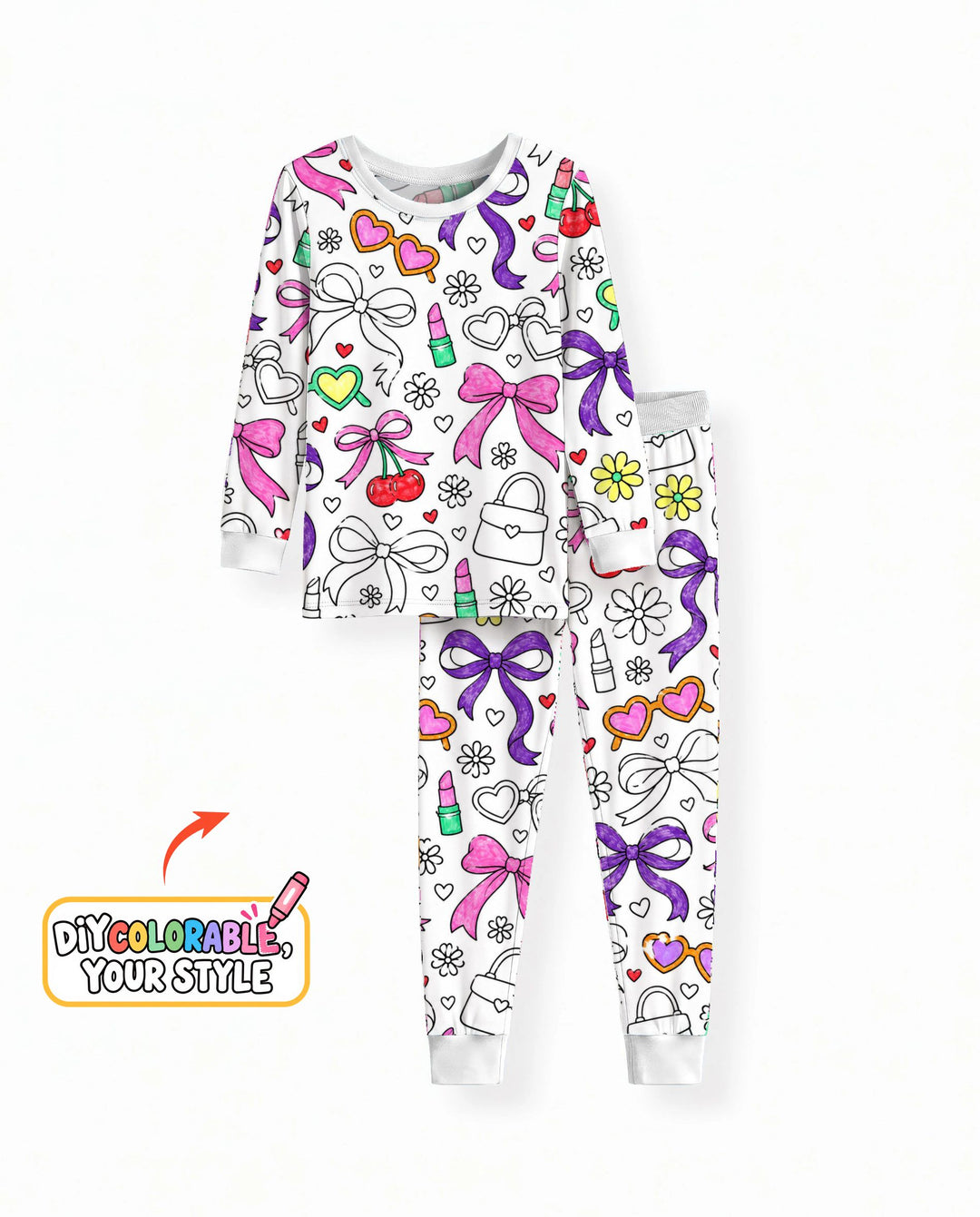 Girly Bows & Cherries Doodles Colorable Bamboo Two Piece Long Sleeve Pajama Set