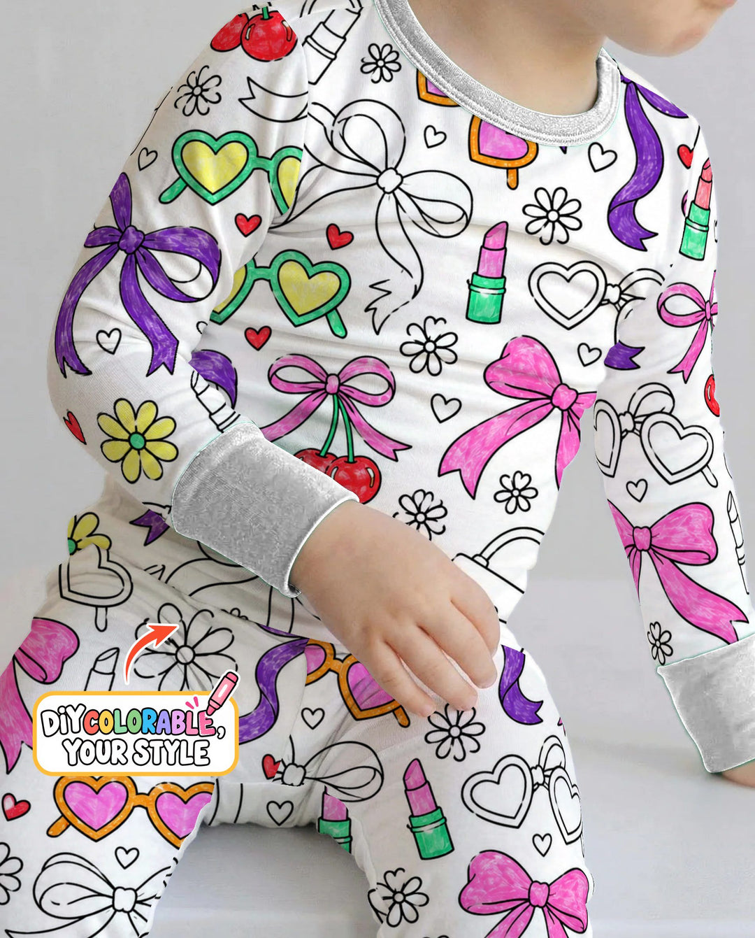 Girly Bows & Cherries Doodles Colorable Bamboo Two Piece Long Sleeve Pajama Set