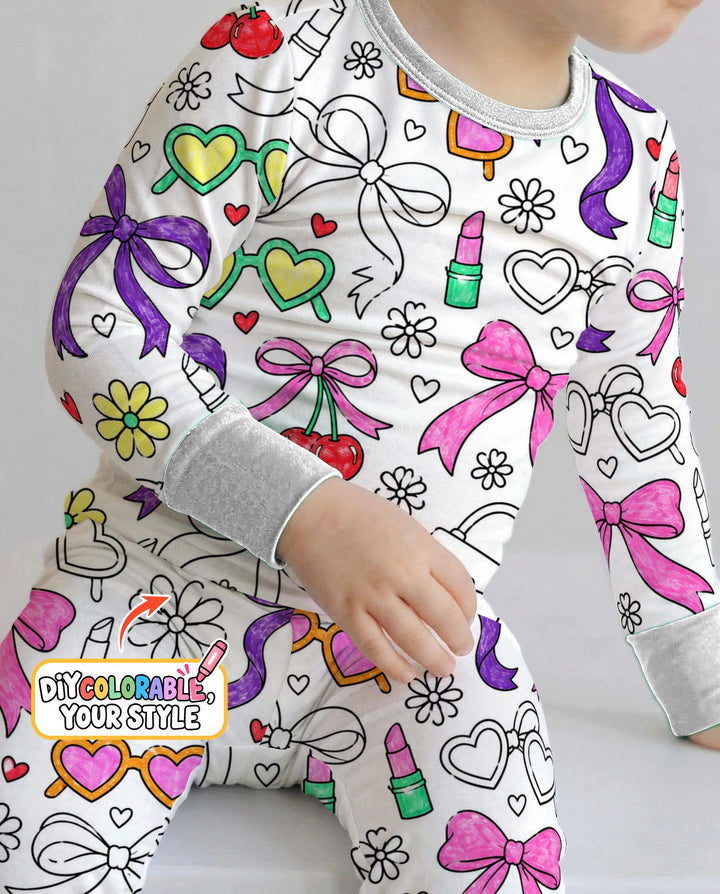 Girly Bows & Cherries Doodles Colorable Bamboo Two Piece Long Sleeve Pajama Set