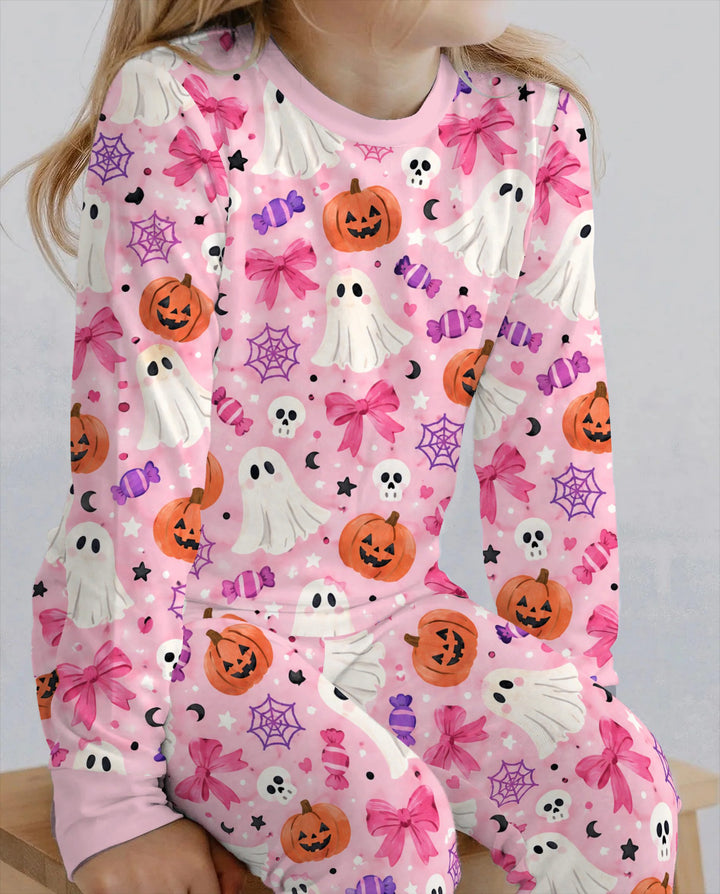 Pink Ghost Candy Halloween Bamboo Two Piece Long Sleeve Pajama Set