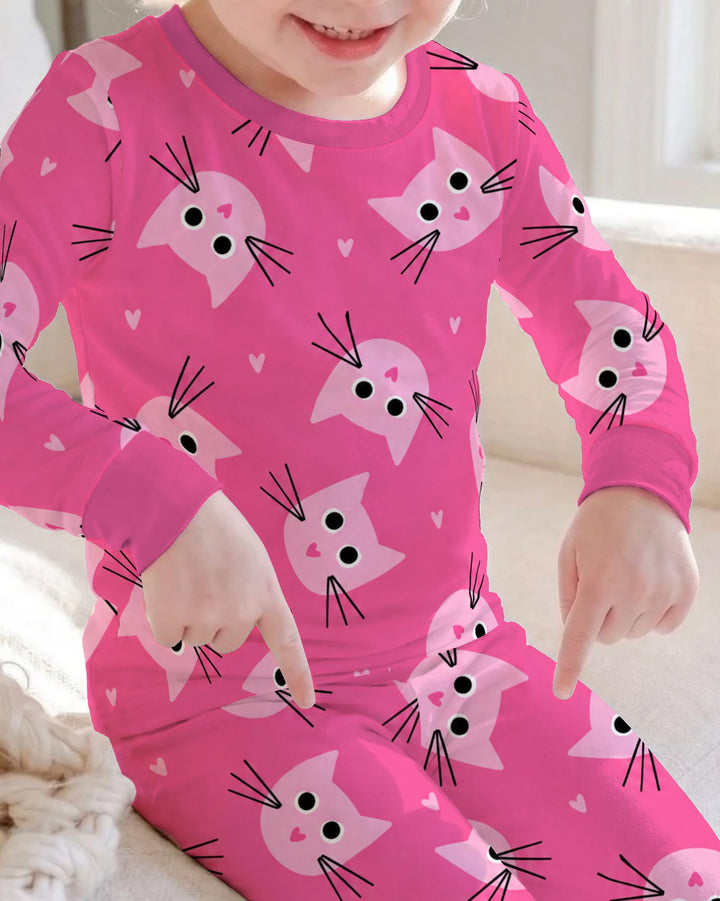 Glow In The Dark Pink Kitty Heart Toss Bamboo Two Piece Long Sleeve Pajama Set