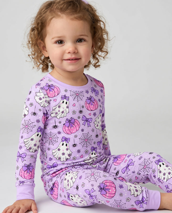 Purple Bow Ghost Halloween Bamboo Two Piece Long Sleeve Pajama Set